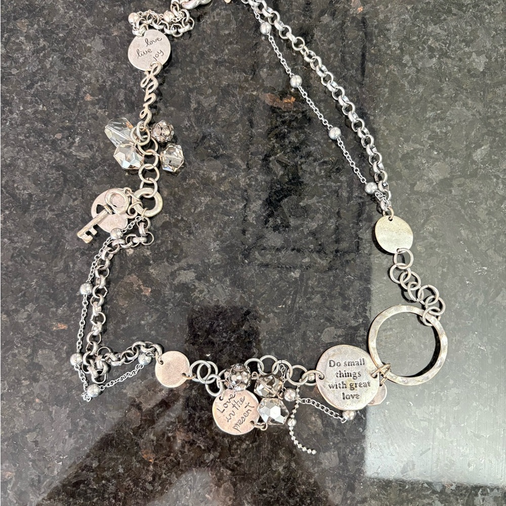 Chico's Silver Charm Necklace with Crystal Accents